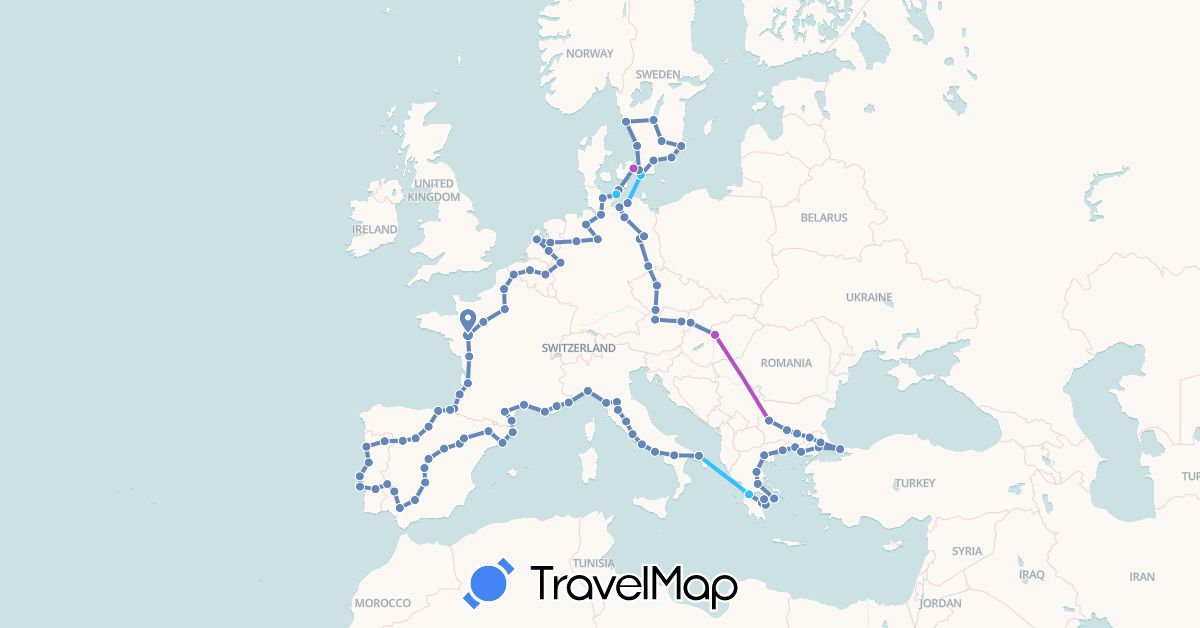 TravelMap itinerary: driving, cycling, train, boat in Austria, Belgium, Bulgaria, Czech Republic, Germany, Denmark, Spain, France, Greece, Hungary, Italy, Monaco, Netherlands, Portugal, Sweden, Slovakia, Turkey (Asia, Europe)